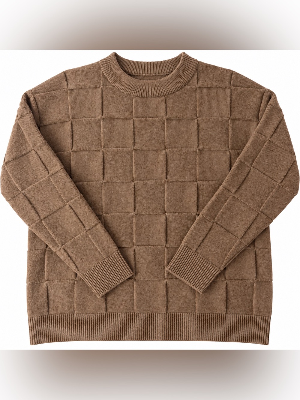 Aelfric Eden brown sweater with checkered oversized quilted grid pattern